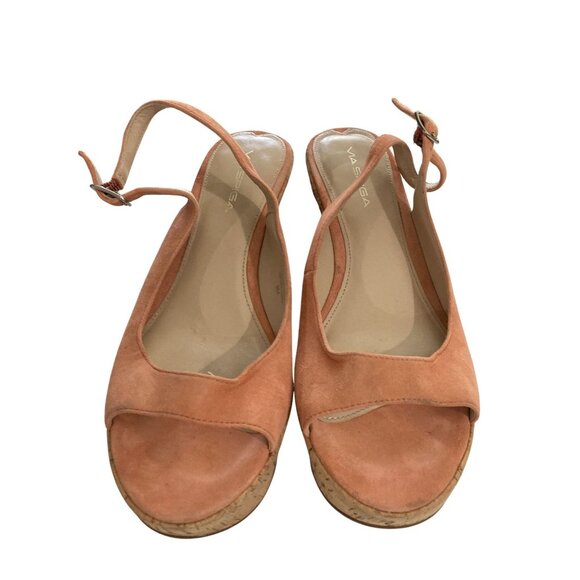Via Spiga Womens size 9M orange Suede Leather  Peep-Toe cork Wedge Sandals shoes - Picture 2 of 8